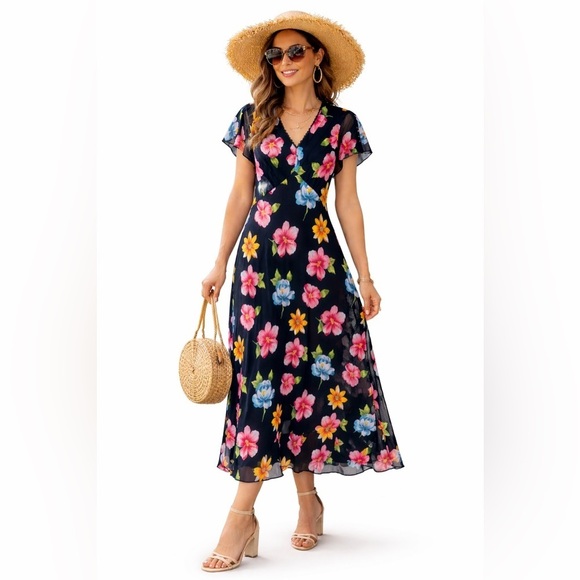 Mary McFadden Dresses & Skirts - VTG Mary Fadden Collection Floral Chiffon Maxi Dress Size 12 V-Neck Y2K, 1990’s